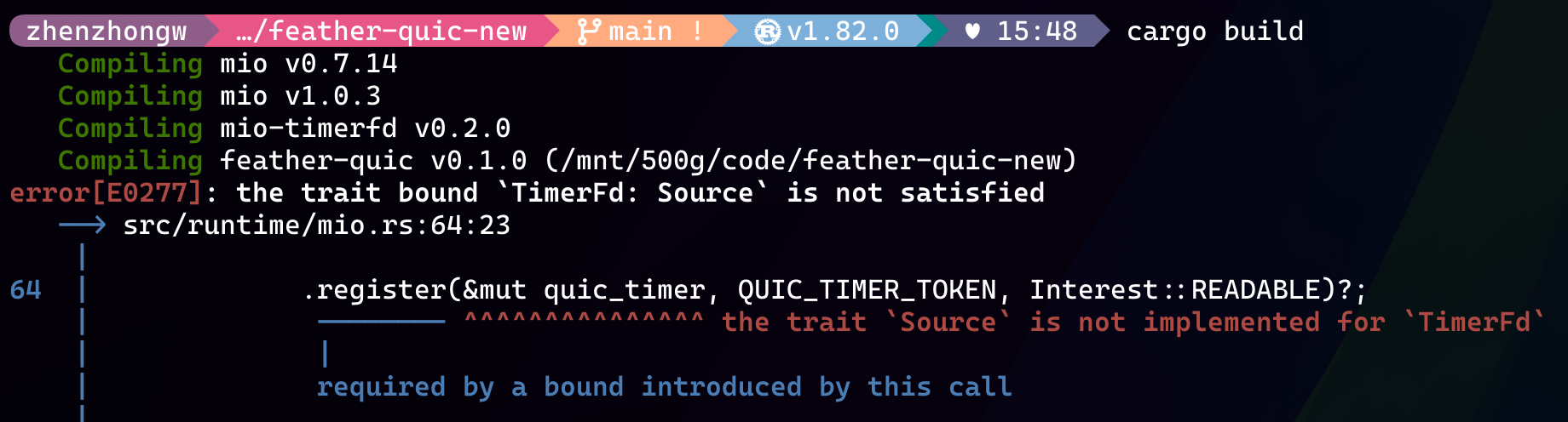 Rust compiler error showing mio-timerfd missing the Source trait