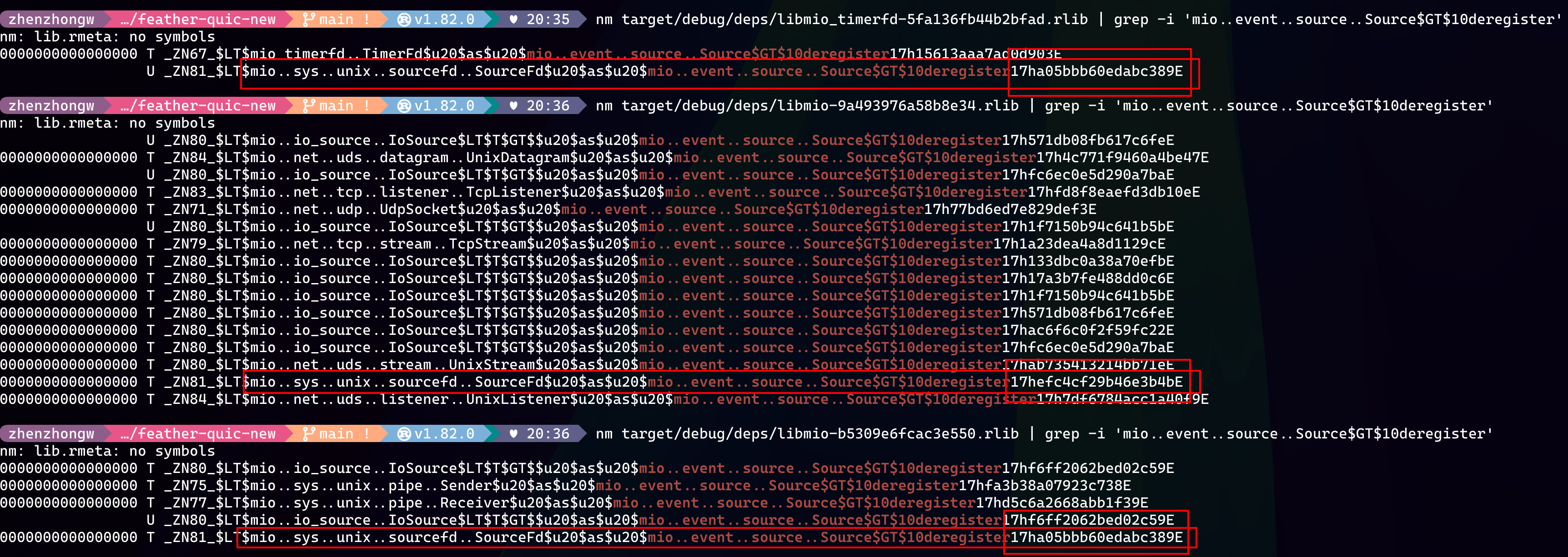 nm output comparing Source trait symbols across mio versions