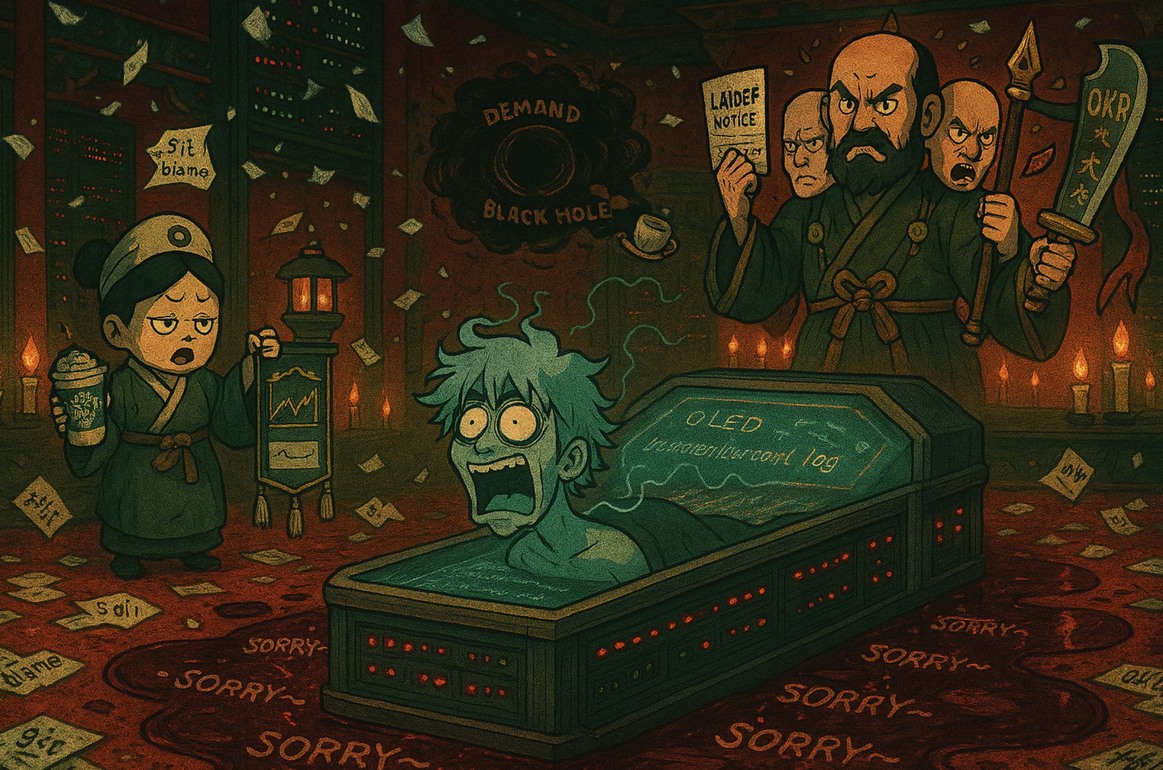 An illustration of pressure during a production incident review meeting