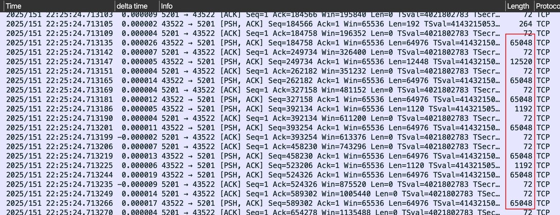 Packet capture showing a large TCP packet larger than the NIC MTU