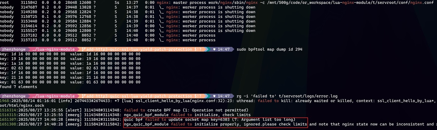Terminal screenshot showing nginx QUIC eBPF sockhash map entries through bpftool