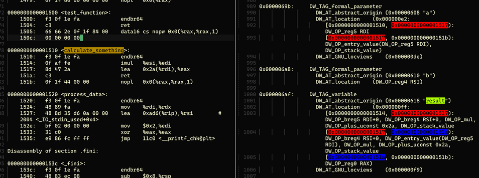 Optimized DWARF location expressions compared with assembly code